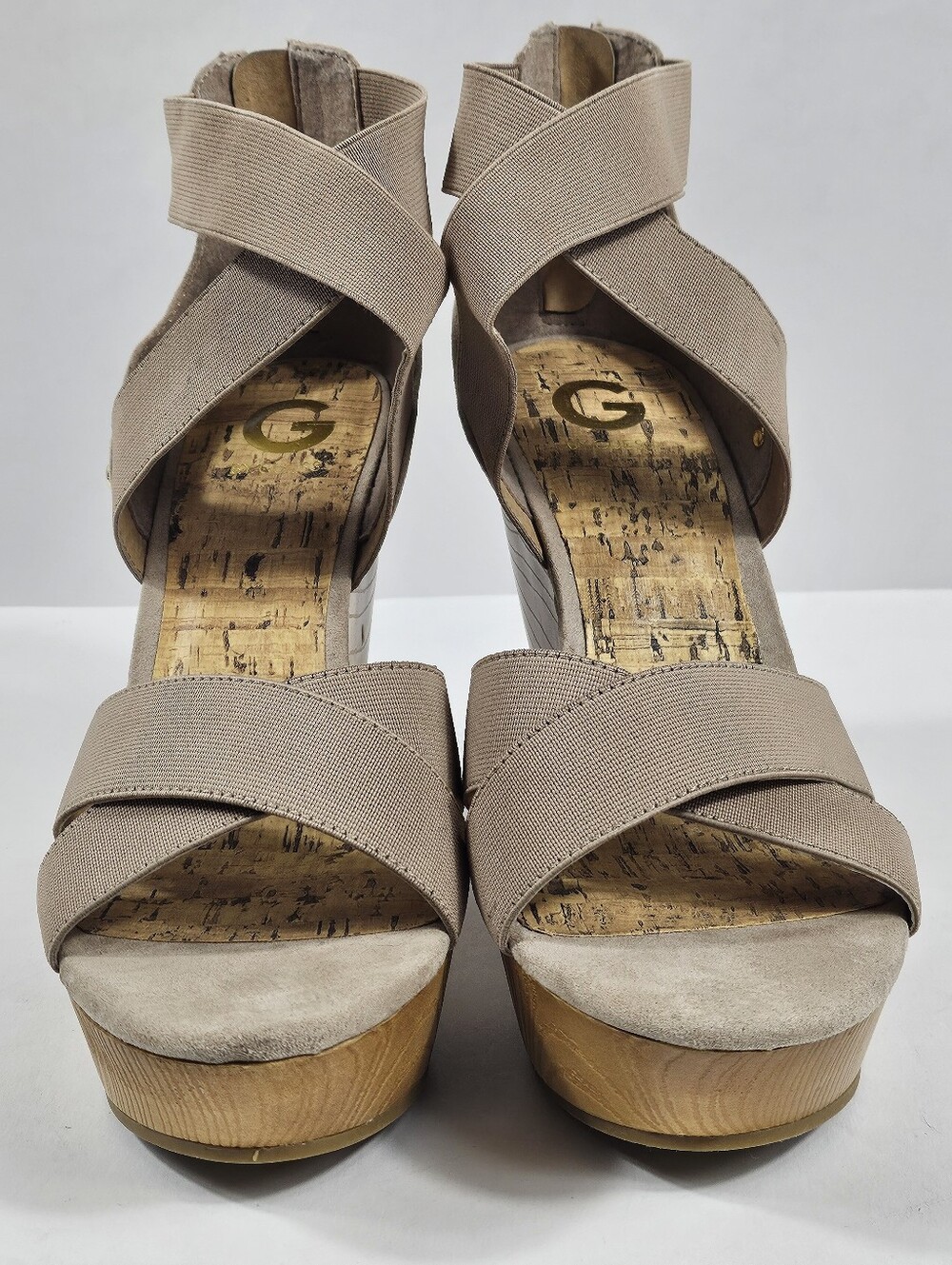 G By Guess Sirrah Beige Taupe Faux Suede Cross Strap Woodgrain Platform Sandal - Picture 5 of 16